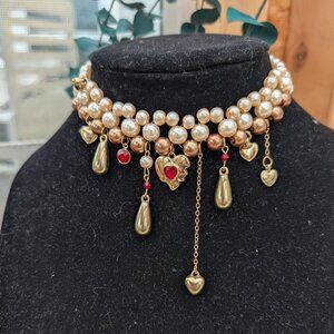 Victorian Gothic Romance Style Double Pearl Beaded Choker with Heart Charms